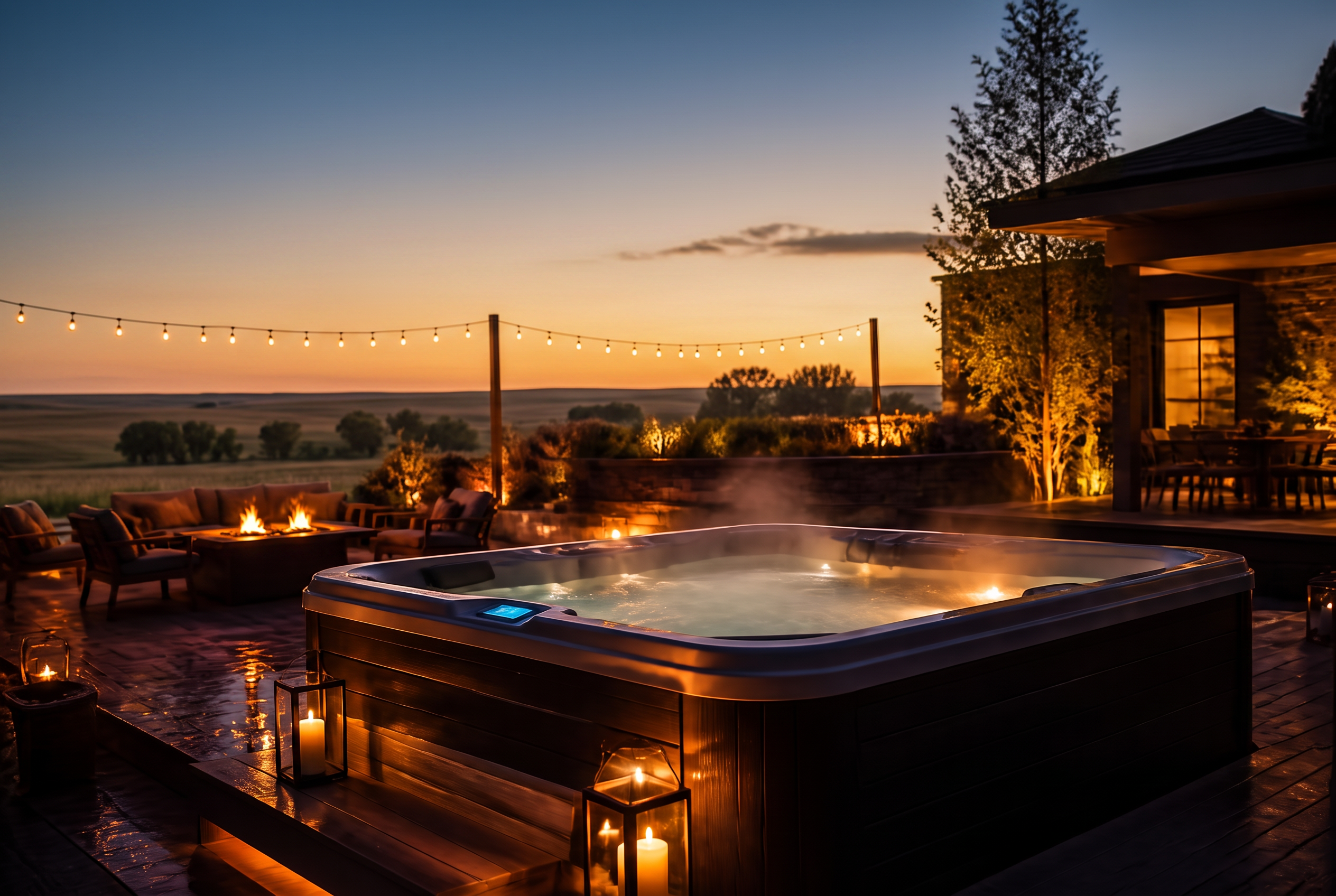 Luxury backyard hot tub at golden hour — Splash City hot tubs in Sioux Falls, Rapid City and Sioux City